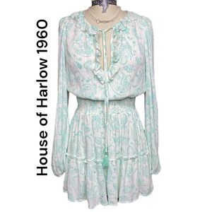 HOUSE OF HARLOW 1960 Mini Dress Mint Green Paisley Smocked Women’s Size Small